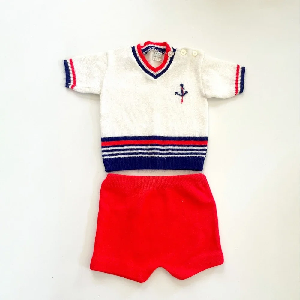 Vintage 60s Soft Spun Nautical Knit Set 12M Sweater Shorts Preppy Coastal